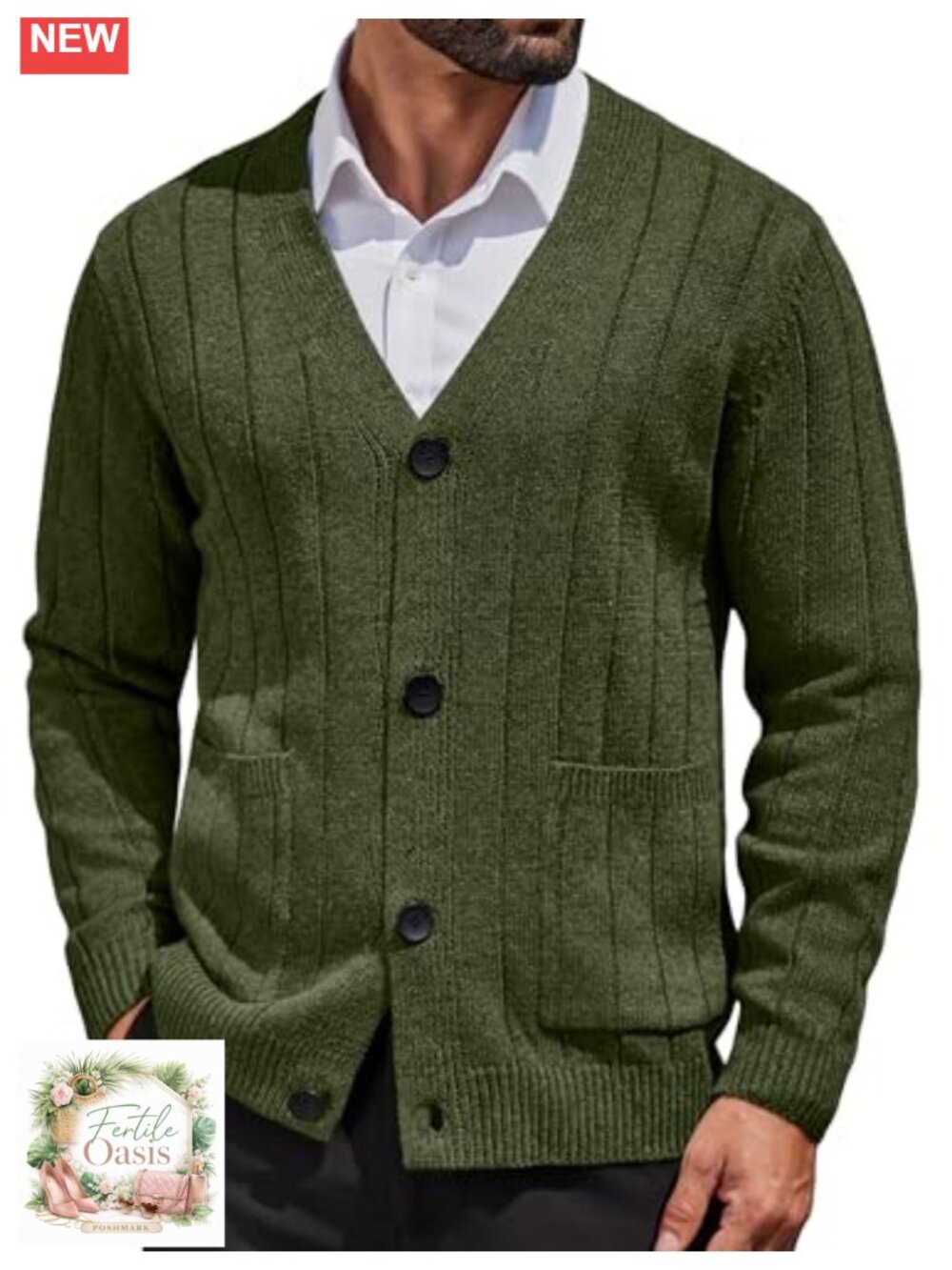 Cable Knit V Neck Button Up Cardigan Sweater with Pockets for Men